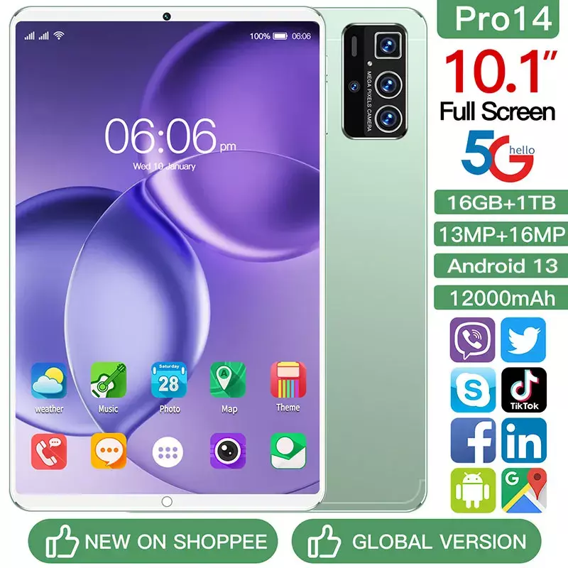 Original Pro 14 Tablet PC, Versão Global, Android 13, 5G, Cartão Dual SIM, WiFi, Google Play, GPS, Tablette, 2022