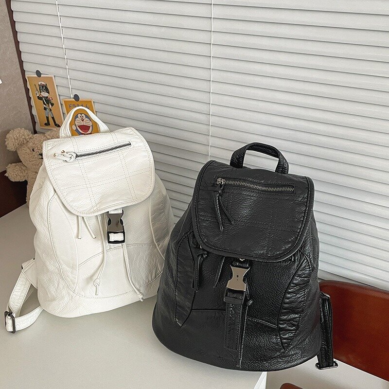 Xiuya-Sac à dos en cuir blanc pur pour femme, vintage, doux, lavé, style américain, style universitaire, grande capacité, nouveau sac de voyage