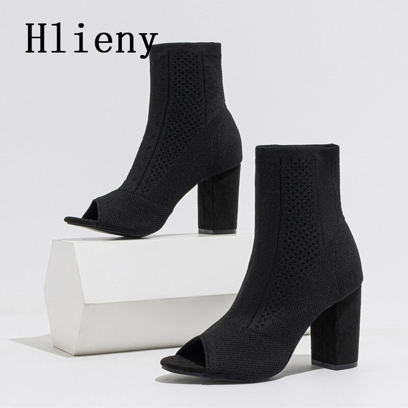 Hlieny-女性用のオープントゥのニットブーツ,伸縮性のある生地のサンダル,セクシーなカットアウトスティレット,ハイヒールの靴,春と秋のデザイン