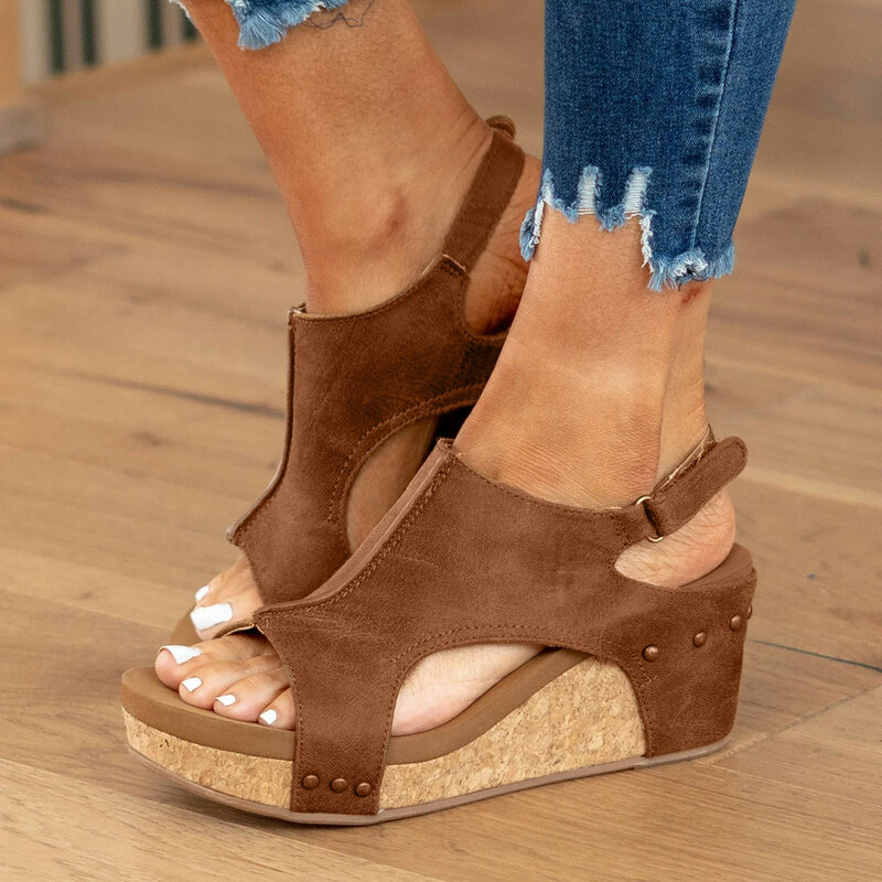 Sandalias de cuña de cuero con correa en el tobillo para Mujer, zapatos de tacón grueso con plataforma y hebilla, para verano, 2024