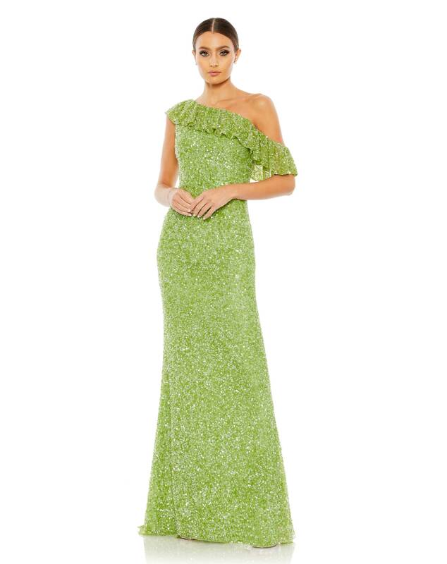 Dazzling Sequins Mermaid Long Evening Gowns Elegant One-Shoulder Ruffles Backless Zipper Floor-Length Cocktail Party Dresses