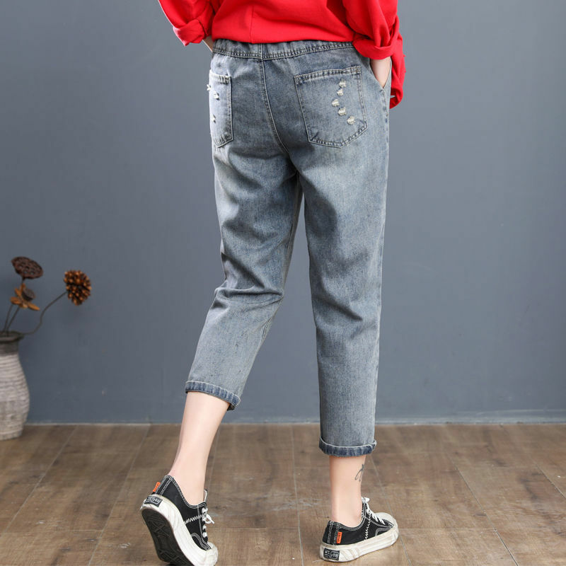 Celana Denim Bordir Antik Celana Crop Harem Lubang Robek Wanita Celana Jeans Pinggang Tinggi Wanita Kasual