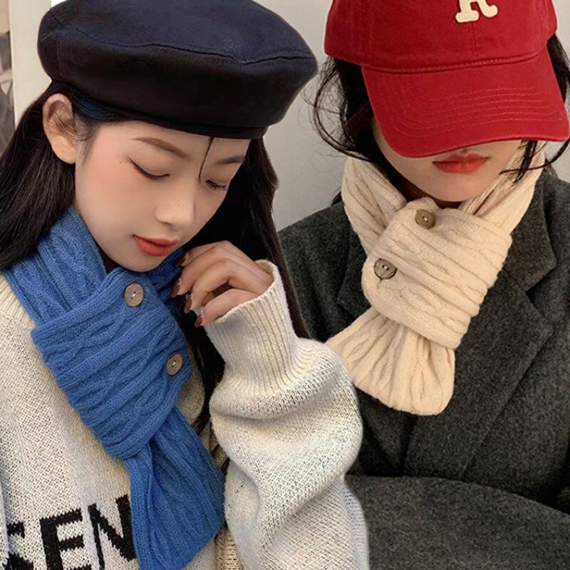 Koreańskie damskie dziewczęce guziki z dzianiny na krzyż jesienno-zimowy jednolity kolor miękki ciepłe szaliki wszechstronny ochrona szyi prezenty dla pań