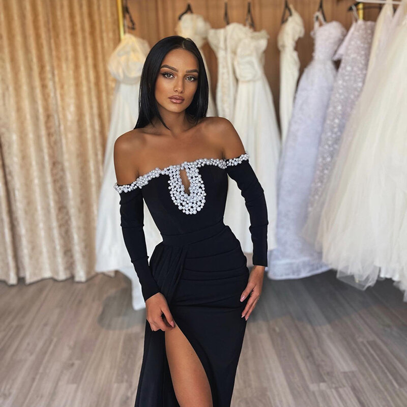 Thinyfull Black Mermaid Prom Dresses Off The Shoulder Pearl Evening Cocktail Party Prom Gown Saudi Arabia Floor Length Plus Size