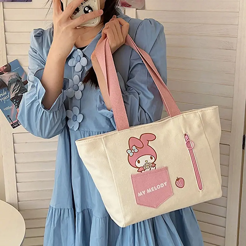 MINISO Disney Serie Cartoon Printed Canvas Kuromi Handbag Color Blocking Shoulder Bag Zipper Tote Bag Fashion Underarm Bag