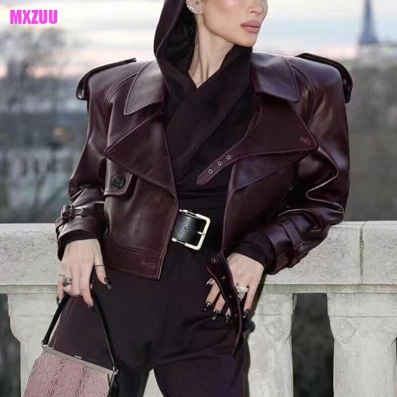 Женская куртка из овечьей кожи, роскошная дизайнерская Классическая Бордовая Куртка с большими лацканами и широкими плечами, ультракороткая куртка из натуральной кожи, ветровка на осень