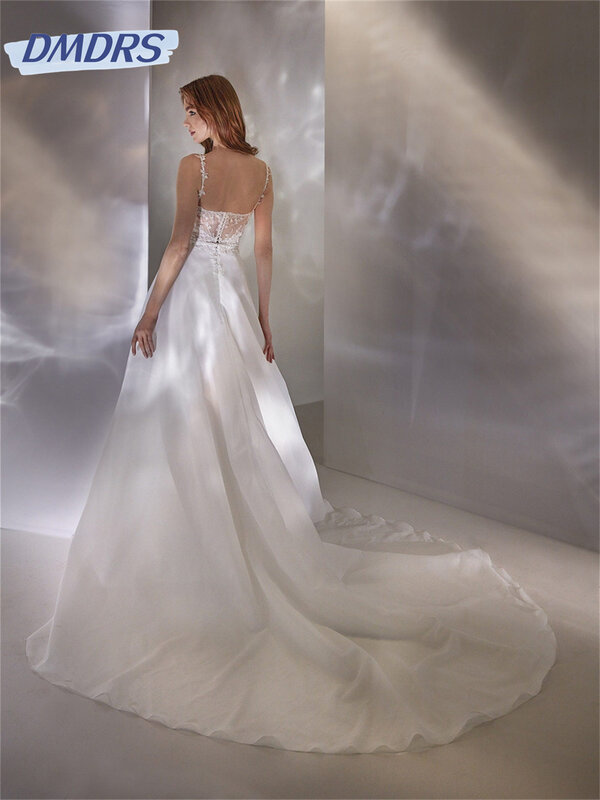 Vestido de noiva amarrado a espaguete, vestido de casamento de linha, vestido até o chão, elegante vestido sem mangas, clássico, sexy, 2024