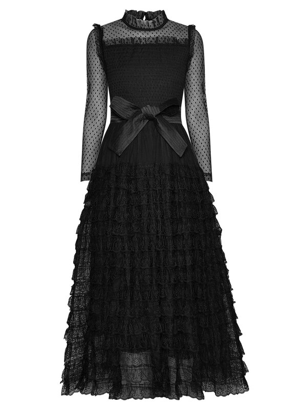 2023 Modedesigner Frühling Damen Stehkragen Mesh Langarm Schnür Ballkleid elegante schwarze Kleider