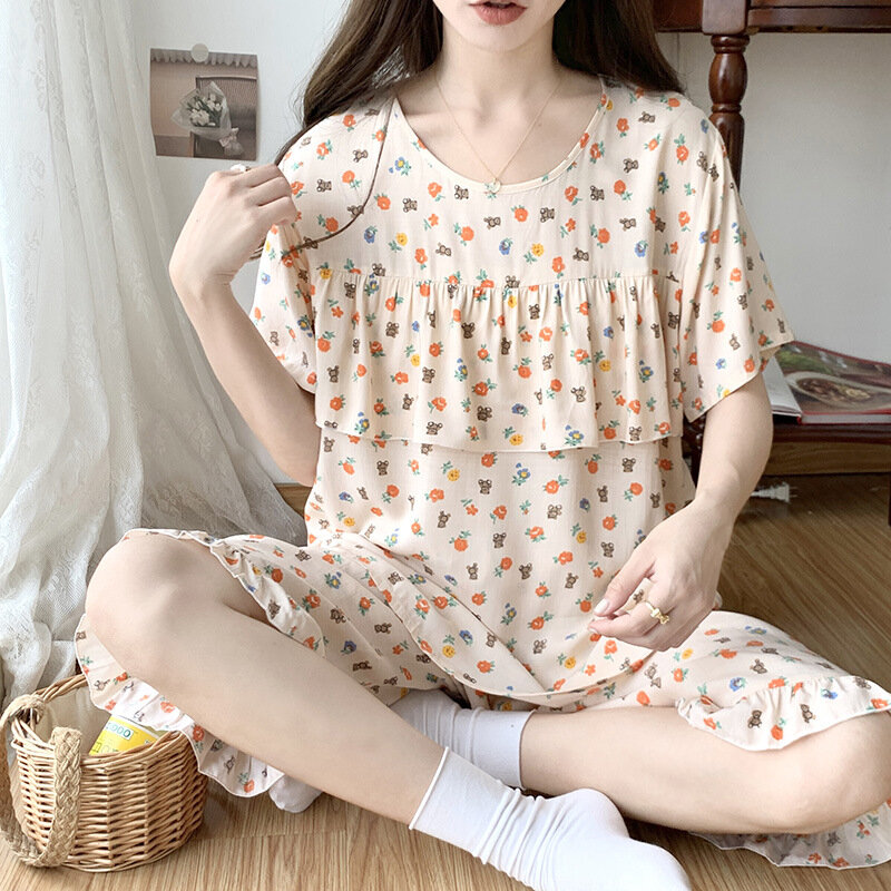 Conjunto de pijama floral feminino, loungewear de manga curta, babado feminino, shorts fofos kawaii, estilo coreano, doce, moda, verão