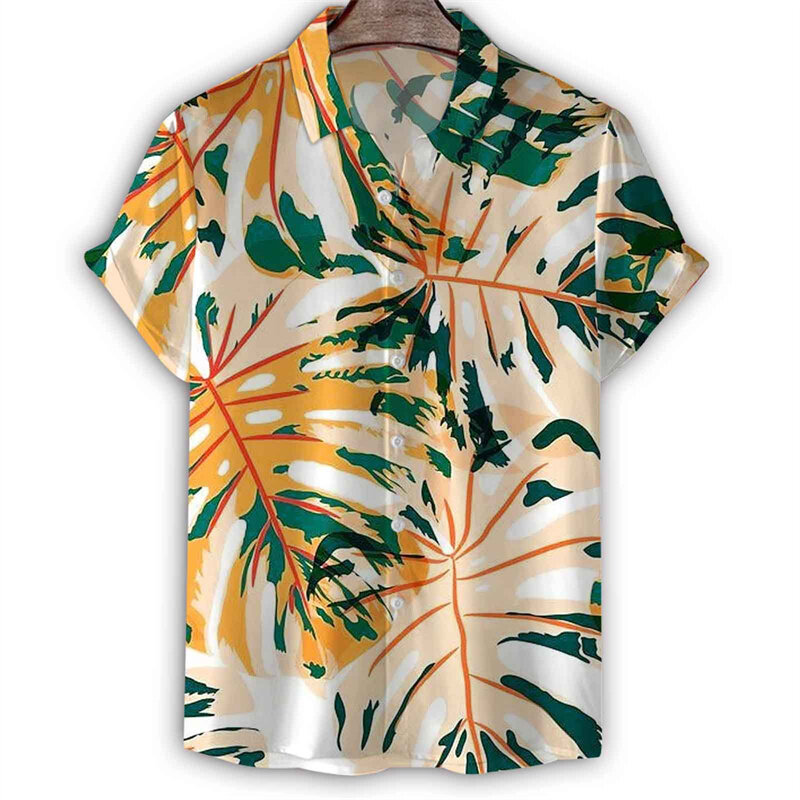 Kemeja motif bunga 3d Hawaii pria, blus kancing pola tanaman liburan Harajuku lengan pendek musim panas