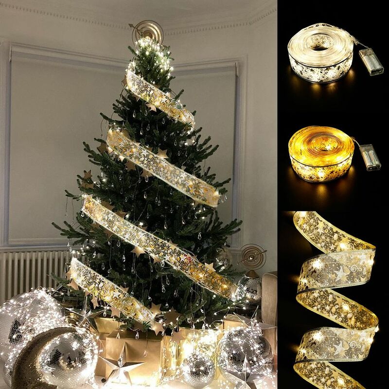 Cuerdas de luces de hadas de doble capa, con LED lazos de cinta, adornos para árboles de Navidad, decoración del hogar de Año Nuevo, 50 LED, 5M