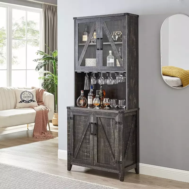 Home Source Grey Wash Bar Cabinet with Upper Glass Cabinet，Living room cabinets, cupboards, home bar cabinets