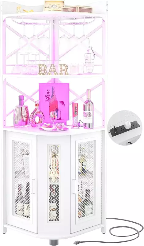 Kabinet tampilan sudut dengan stopkontak, kabinet anggur industri dengan Strip LED & pemegang kaca, Unit Bar 5 tingkat untuk ruang kecil, putih