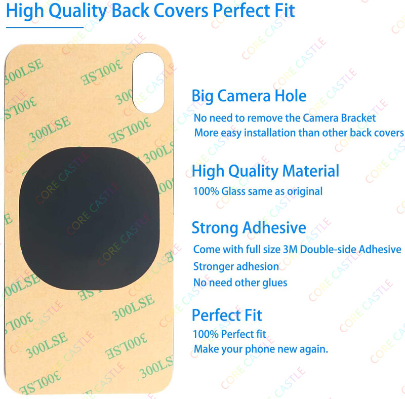 For iPhone XS Back Glass Panel Battery Cover Replacement Parts best quality size Big Hole Camera Rear Door Housing Case Bezel