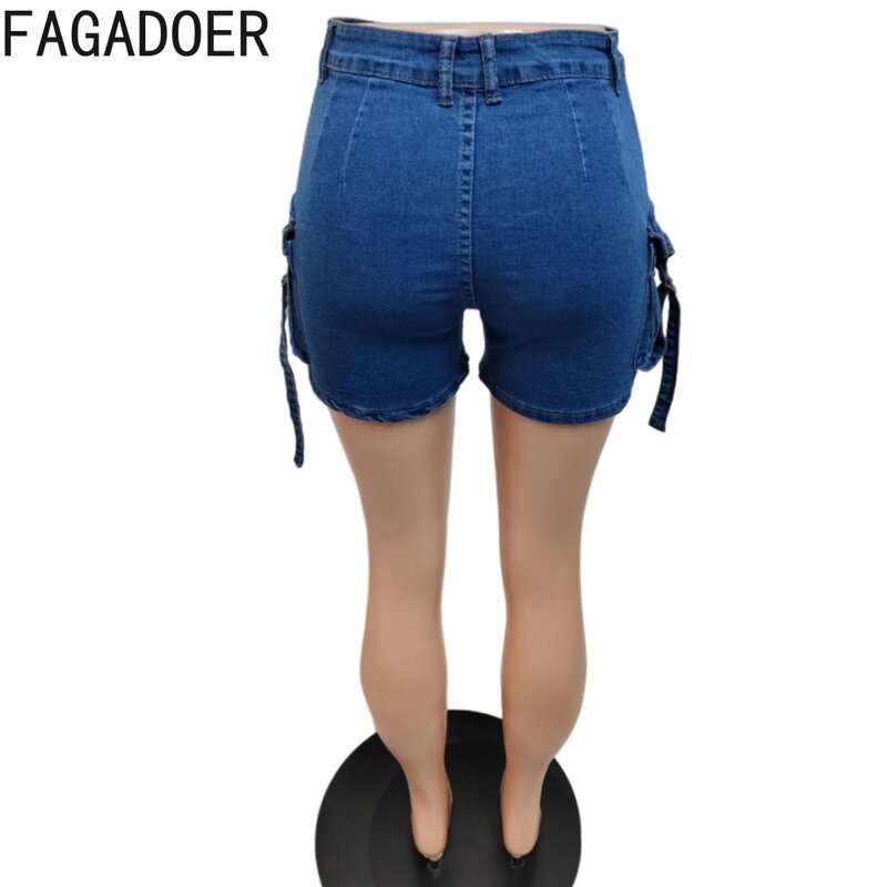 Fagadoer blau Sommer neue Wasser gewaschen elastische Denim Shorts Frauen hoch taillierte Knopf Tasche Jean Mode solide Cowboy Hosen