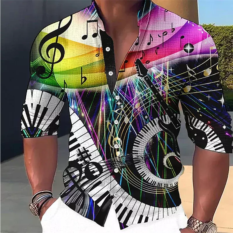 Linen Fashion Stand Collar Men Shirts Cool Music Festival Notes Piano Keys HD Printing Long Sleeves Party Fashion 2023 Plus Size