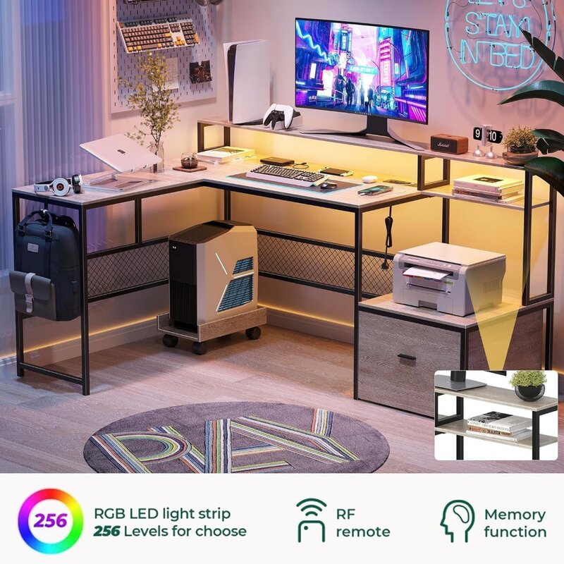 서랍이 있는 L 자형 책상, 66 인치 홈 오피스 책상, 전원 콘센트 및 LED 스트립, 스토리지 포함 가역 컴퓨터 책상