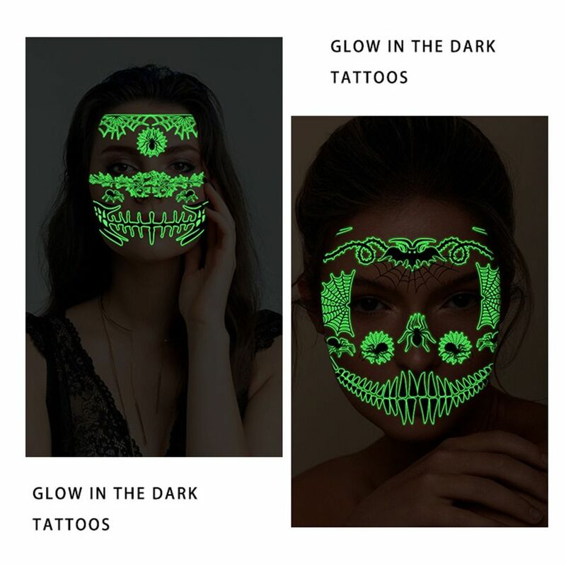 Calcomanías de arte corporal brillante para Halloween, tatuaje falso luminoso verde aterrador, pegatinas de transferencia de agua de dos colores para fiesta