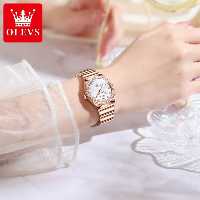 นาฬิกาข้อมือผู้หญิงหรูหรา OLEVS นาฬิกาข้อมือควอทซ์สำหรับผู้หญิงสายฟริทิลลาเรียกันน้ำเรืองแสงชุดของขวัญ