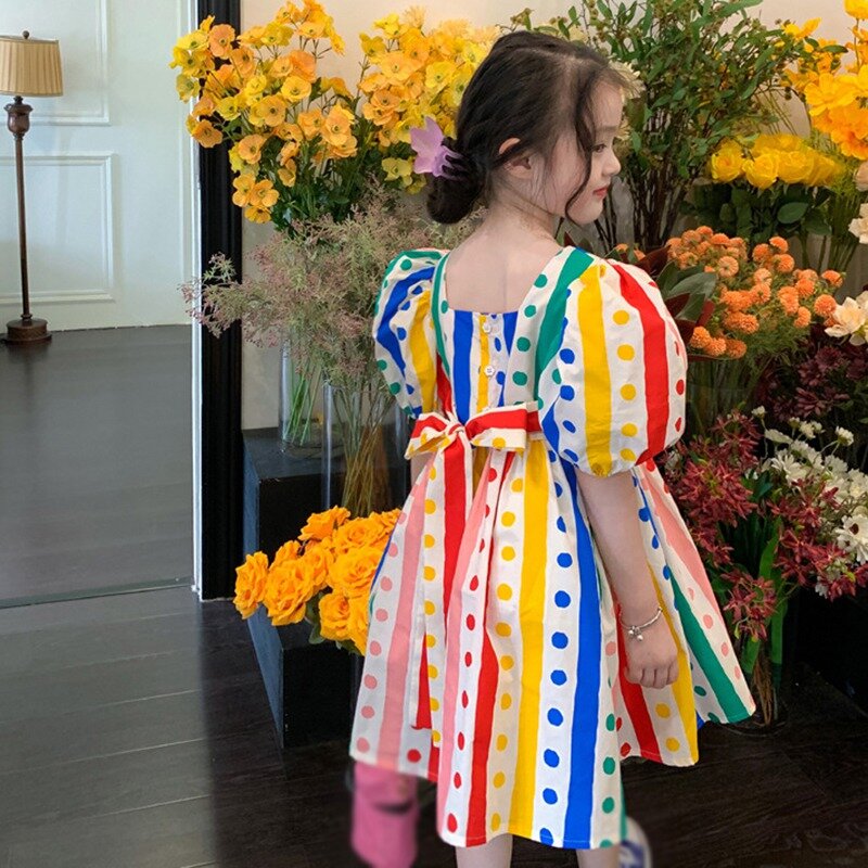 Letnie dziewczęce kolorowa kropka z nadrukiem w talii rozkloszowana sukienka przyjaznej dla skóry kwadratowej szyi sukienka do kolan odzieży 3-8 T
