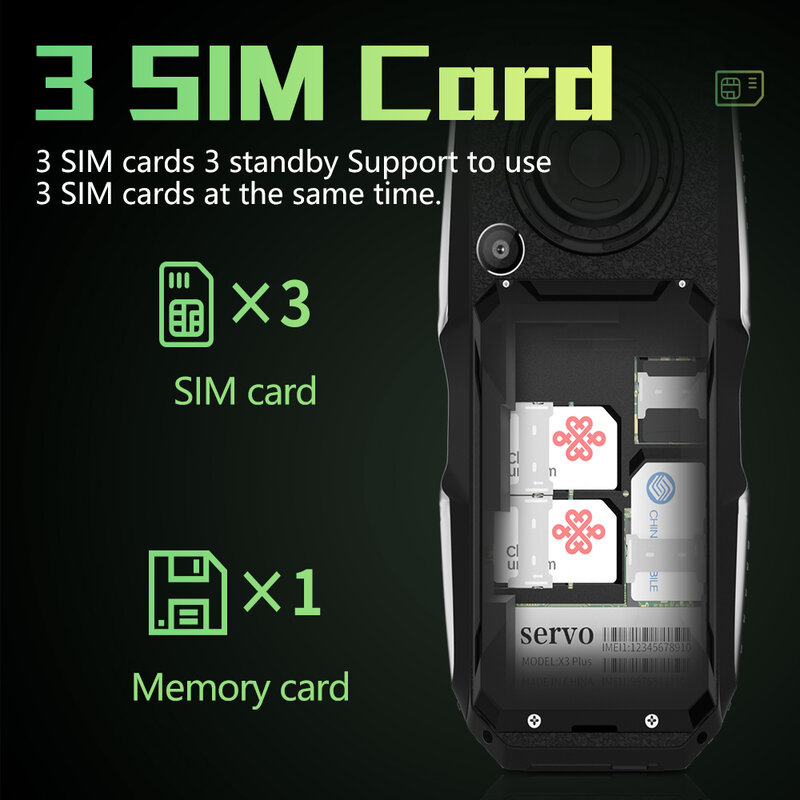 SERVO 3 SIM Card 3 Standby banca di potere del telefono cellulare altoparlante ad alto tono voce magica registrazione automatica chiamata torcia Radio FM cellulare