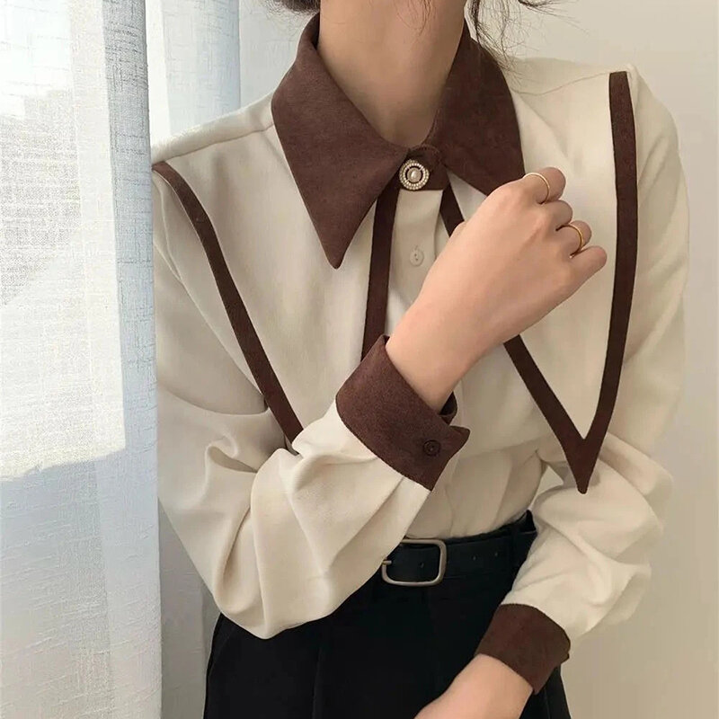 MEXZT Vintage eleganckie koszule damskie szyfonowe patchworkowe falbany kołnierz z długim rękawem bluzka koreańska biurowa damska luźne góra