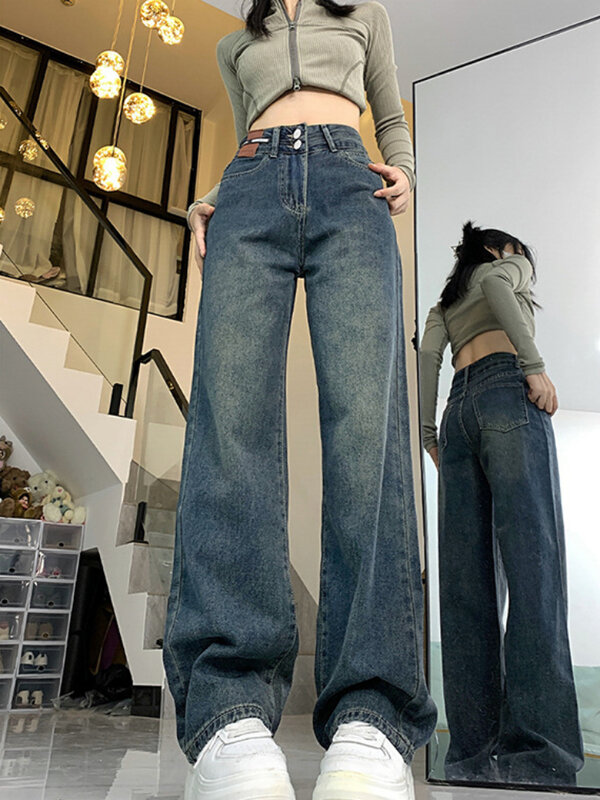 Jeans Women Full Length High Waist Vintage Blue Korean Fahsion Straight Loose Spring Leisure Retro All-match Streetwear Stylish