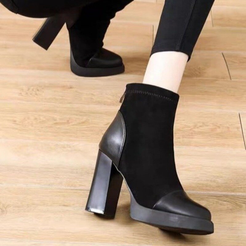 2023 Shoes for Women Zipper Women Boots Winter Pointed Toe Solid High Heels Shoes Ladies Short Barrel Chunky Heel Fashion Boots