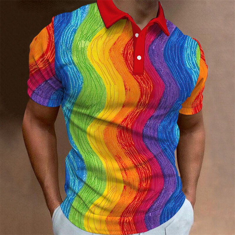 เสื้อโปโลพิมพ์ลายทางกราฟฟิตีสี3D สำหรับผู้ชายแฟชั่นปก kemeja lengan pendek เสื้อกอล์ฟลำลองขนาดใหญ่เสื้อมีกระดุม