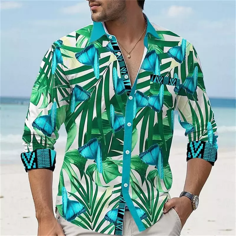 New men's 3D printed leaf collar shirt with fashionable pocket buttons, Hawaiian shirt, outdoor party club, plus size clothing