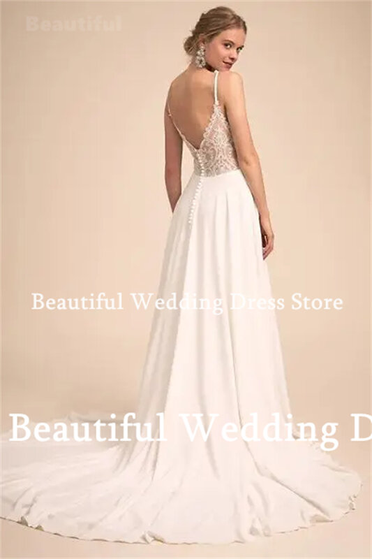 New Simple Wedding Dress For Women V-Neck Spaghetti Straps Lace Appliques Back A-Line Chiffon Vestidos De Novia 2024Bridal Gown