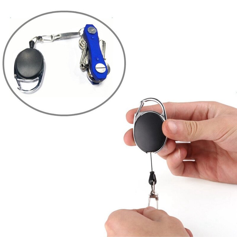 4X Heavy Duty Retractable Carabiner Badge Tinker Reels 60Cm Pull Wire With Key Ring Clip Black