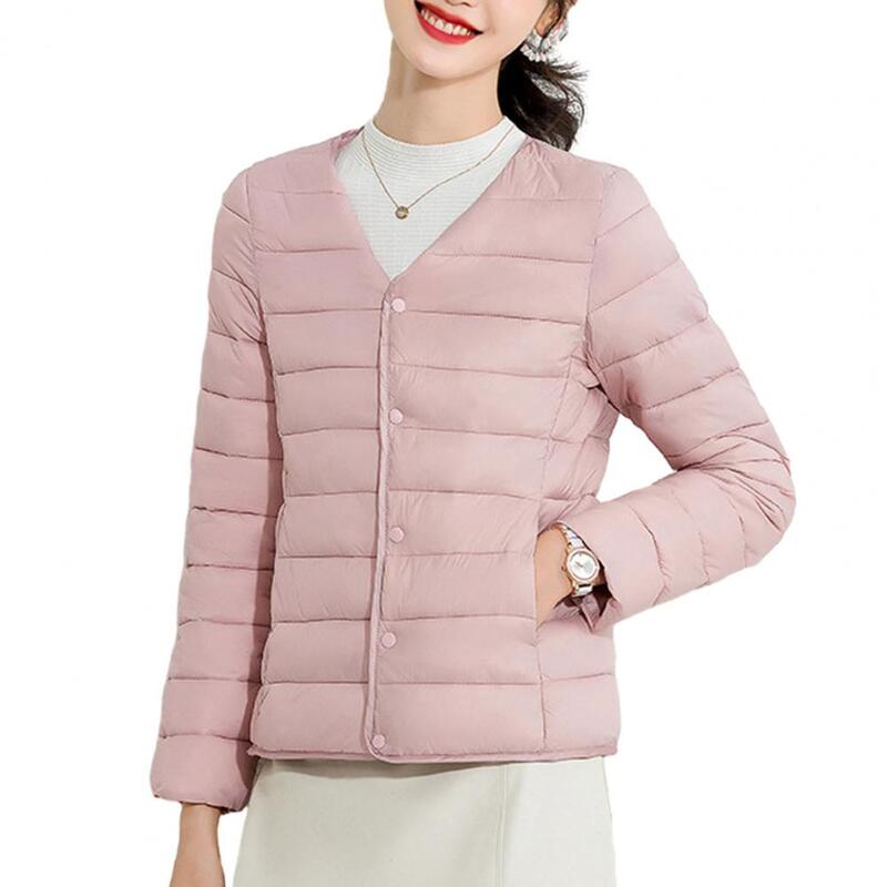 Women Fall Winter Coat Padded Single-breasted Cardigan Long Sleeve Thick Warm Soft V Neck Windproof Lady Down Coat