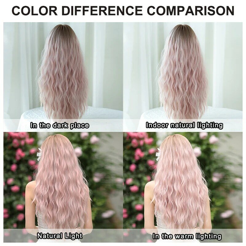 Perucas 7jhh-peruca sintética para as mulheres, peruca loira ombre rosa, corpo longo ondulado com franja, alta densidade, moda lolita