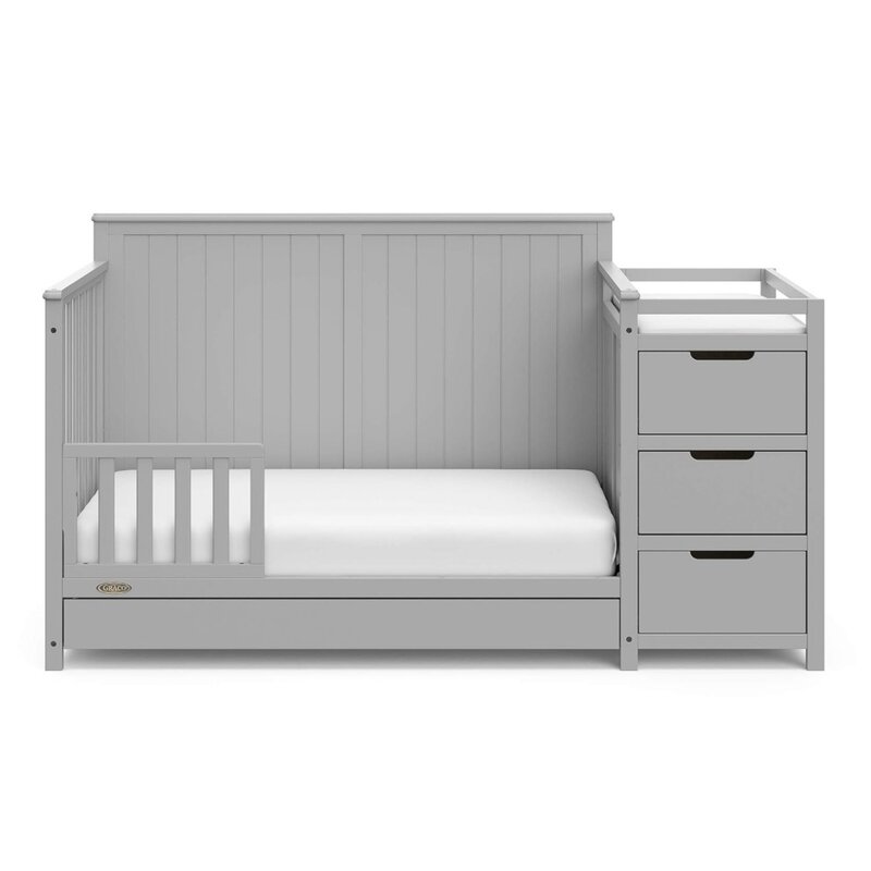 해들리 서랍이 있는 컨버터블 침대 및 체인저, 페블 그레이, 침대 및 변경 테이블 콤보, 5 인 1