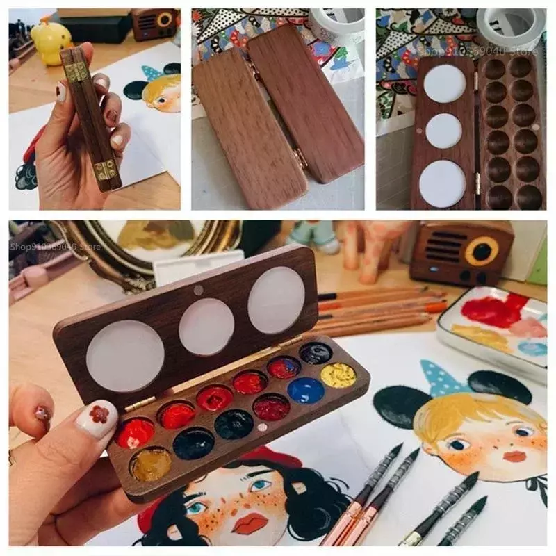 Portable Wooden Handmade Watercolor Paint Palette Empty Magnetic Suction Box for Artist Travel Sketch Painting Art Supplies