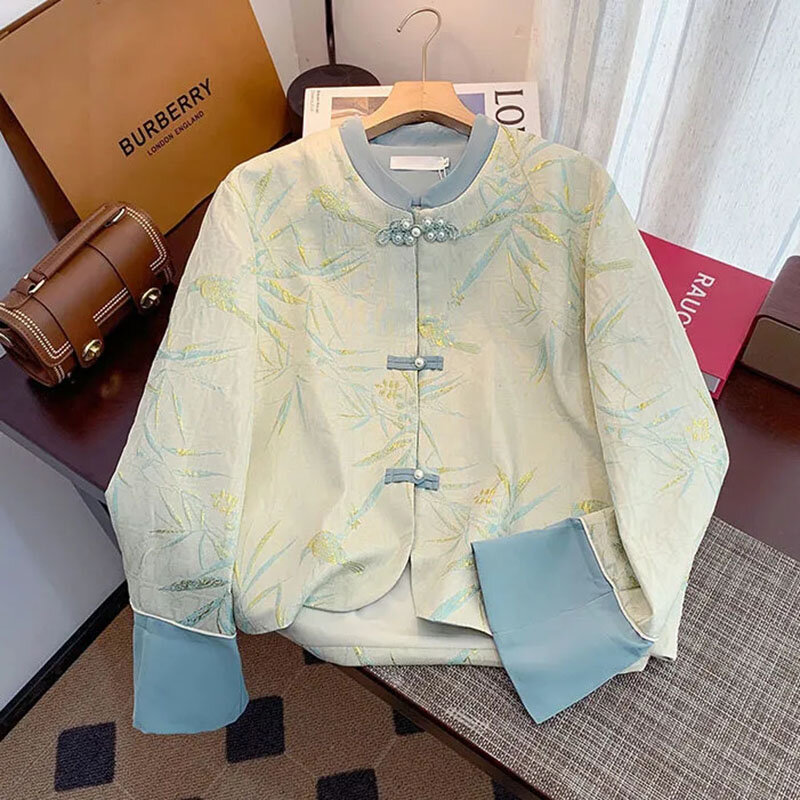Jaqueta feminina de botão estampado, estilo nacional, novo estilo chinês, casaco cheongsam vintage melhorado, primavera, outono, vintage, 2022