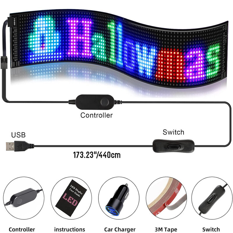 GOTUS-rolagem programável LED Car Sign, USB, 5V, Bluetooth, Controle App, brilhante, padrão de texto