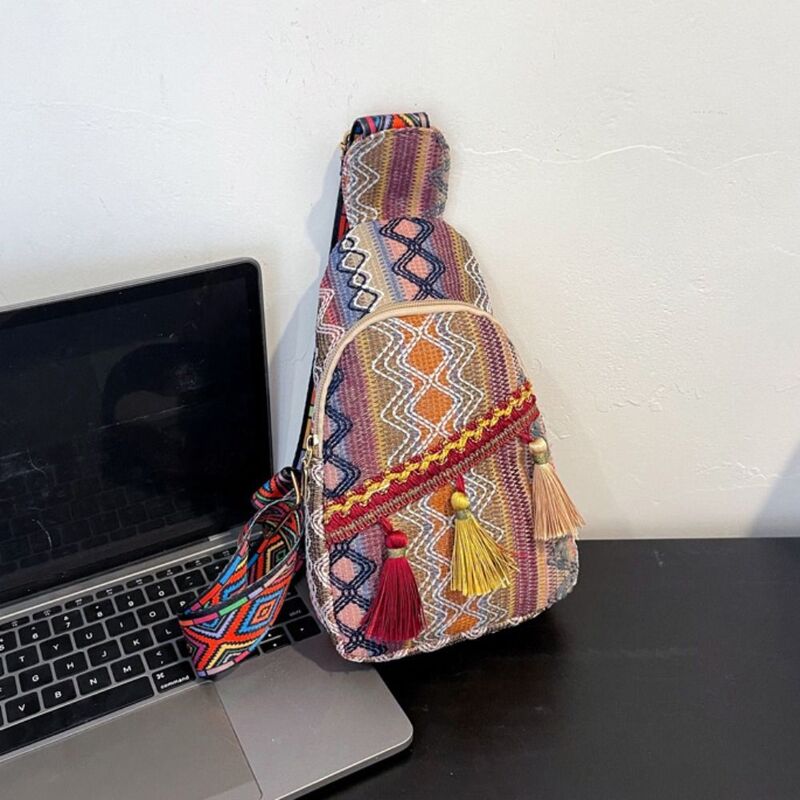 ボヘミアン刺繍のショルダーバッグ,タッセル付きのカラフルなエスニックスタイルのショルダーバッグ,韓国の織りハンドバッグ,フリンジチェストバッグ