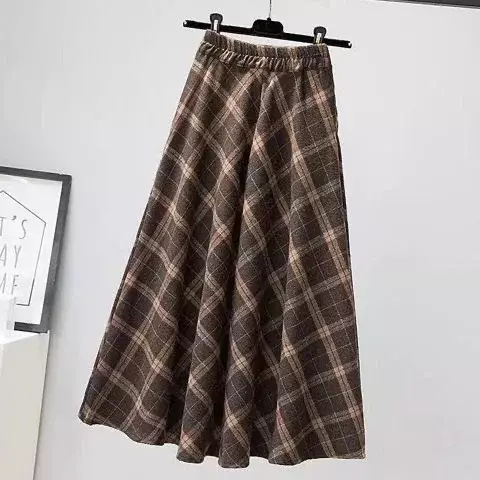Autumn Winter Woolen Skirt Women 2023 Korean Style Thick High Waist Long Skirt Woman A Line Pleated Plaid Skirt Female