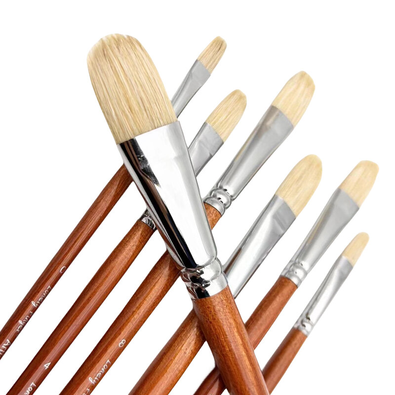 7pcs Premium Hog Bristle Filbert Paint Brushes Set, 100% Natural Chungking Hog Bristle, Professional Long Handled Artist Brushes