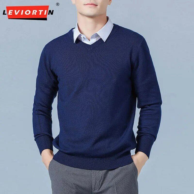 2023 Autumn/Winter Men's V-neck Sweater Pullover Loose Sweater Versatile Casual Long Sleeve Basic Knitted Underlay M-3XL