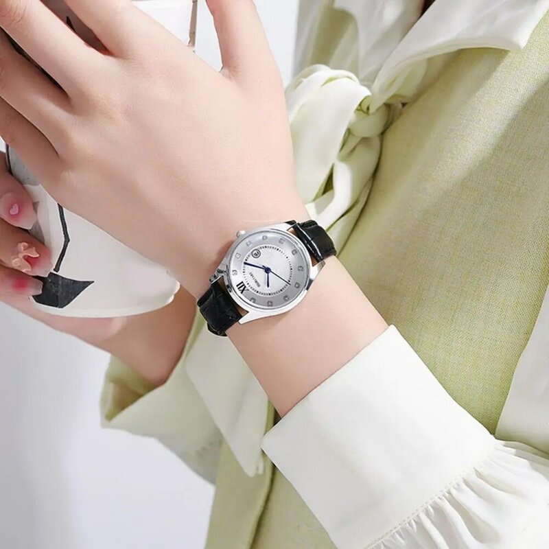 Jam tangan wanita, jam tangan perempuan bergaya berlian imitasi dekorasi siswa kuarsa dengan tali kulit imitasi yang dapat disesuaikan akurasi tinggi untuk kencan