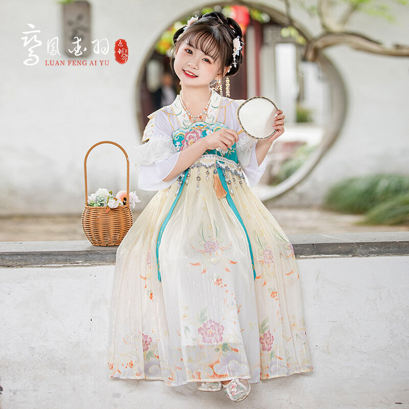 Chiński Folk dzieci kwiatowy haft Hanfu kostium dynastii Tang ubrania taneczne wróżka Cosplay orientalne starożytne kostium księżniczki