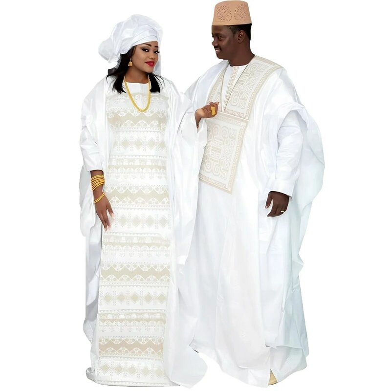 African Dresses For Couples Traditional  Bazin Embroidery Dresses Floor Length Dress With Scarf Couple Design