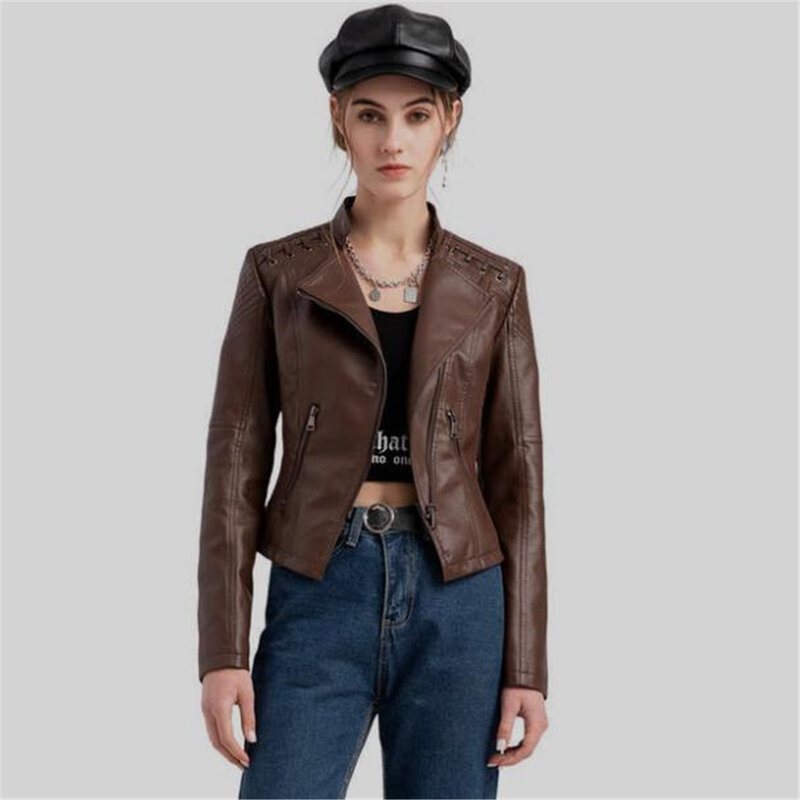 PU Faux Leather Jackets for Women Turn-Down Collar Luxury Coats Waterproof and Windproof Outerwear Spring and Autumn Hot Sale 20