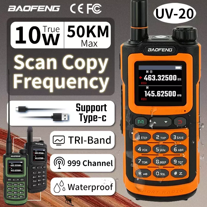 Baofeng-UV-20 Walkie Talkie, Frequência de Cópia, Poderoso, Tipo-C, Longo Alcance, Impermeável, Ham, Rádio FM, Dois Sentidos, UHF, VHF, Rádios Tri-Band