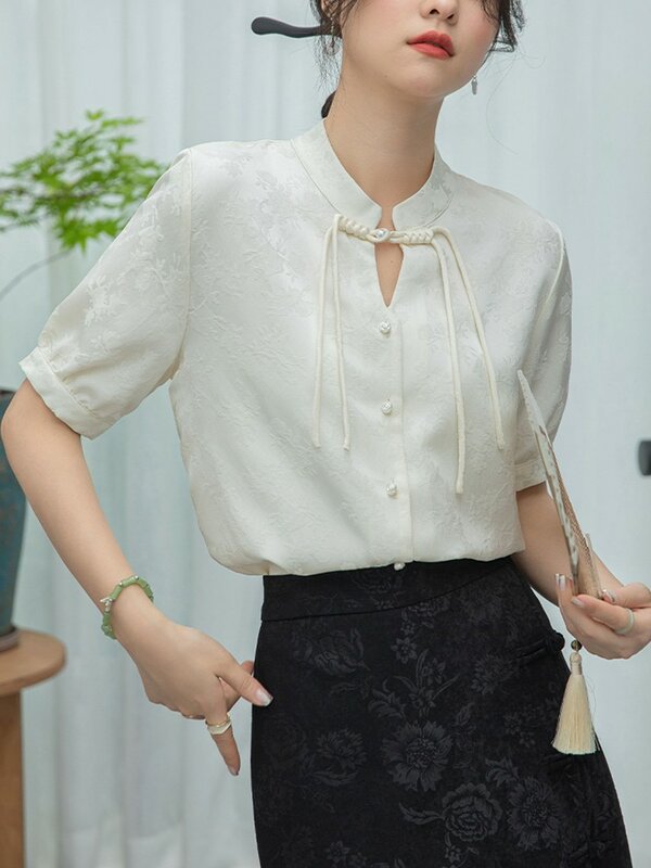 Camisa casual com gola mandarim feminina, tops de manga curta, básico vintage, estilo chinês, elegante, verão, nova chegada, W1759, 2021