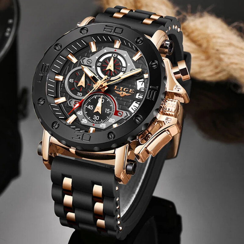 Lige Luxe Casual Sport Horloge Topmerk Creatieve Chronograaf Siliconen Band Datum Lichtgevende Waterdichte Grote Mannen Horloges Mannelijke Klok