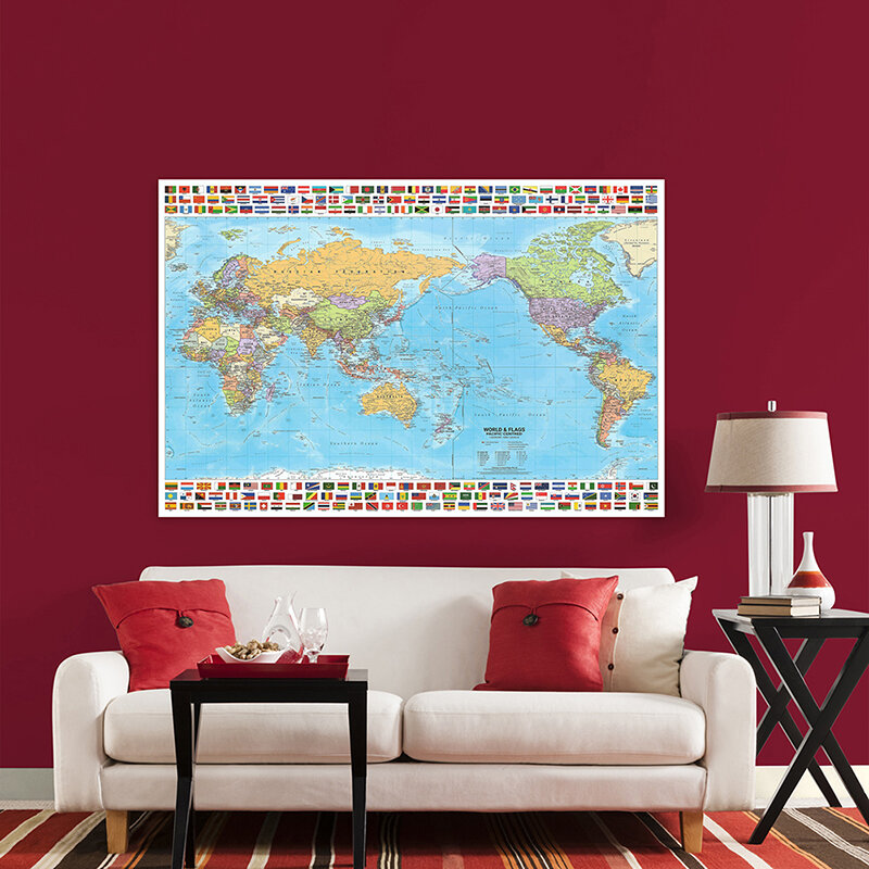 Mapa del mundo de distribución política en inglés, póster artístico con Bandera de País en 120, tabla de pared, decoración del hogar, suministros escolares, 2012x80cm